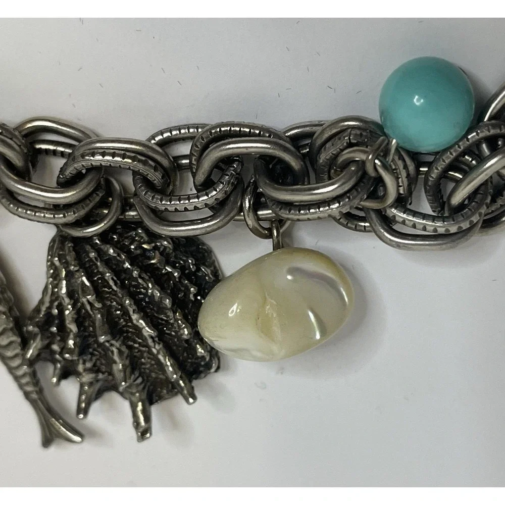 Vtg. German Seashell Charm Bracelet Silver Tone 7